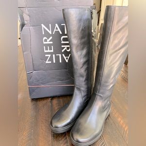 Women’s Black Leather Knee High Wedge Boot